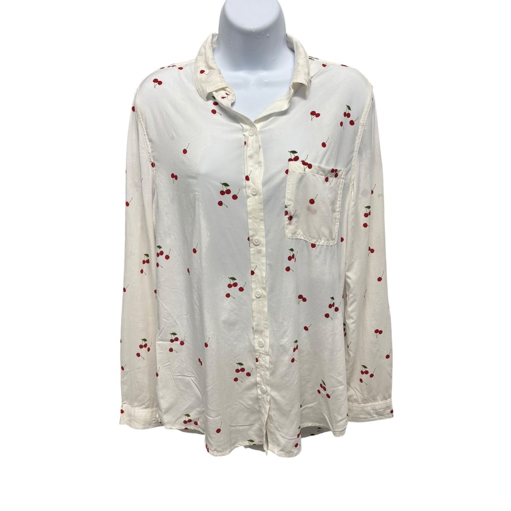 Beach Lunch Lounge White Red Cherry Print Button Down Shirt Viscose Medium
